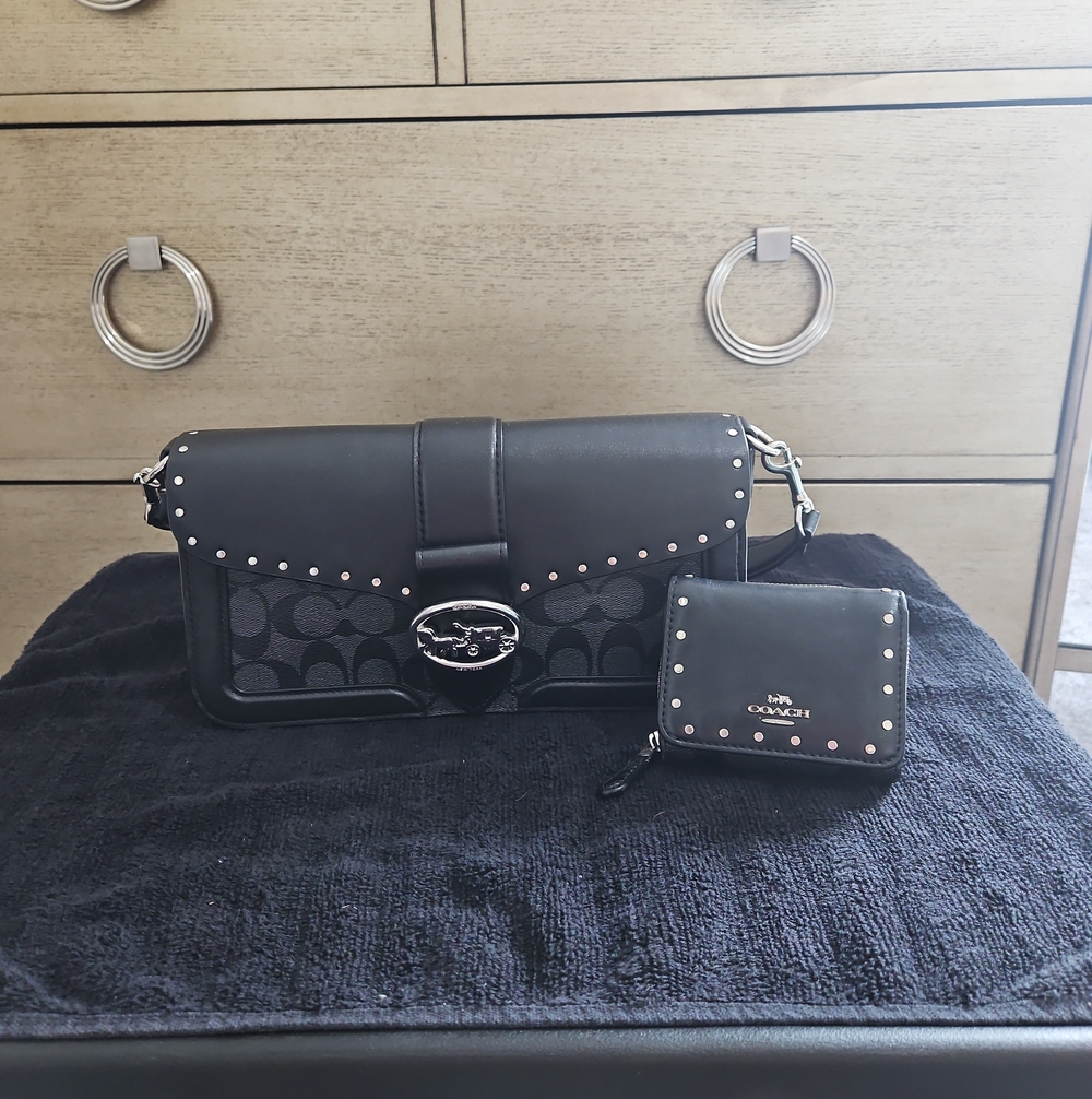 Coach Black Signature Leather & Canvas Shoulder Bag with Matching Wallet